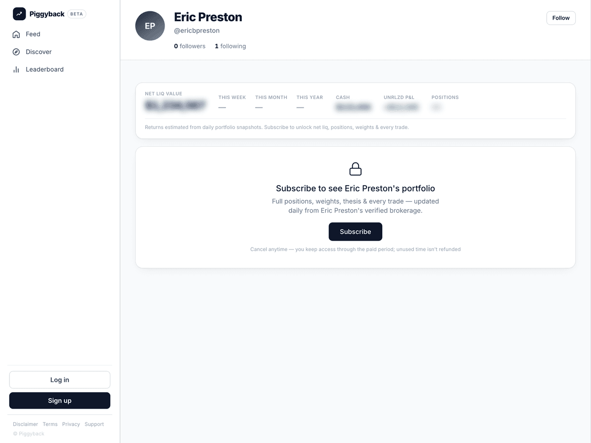 Eric's verified profile on Piggyback